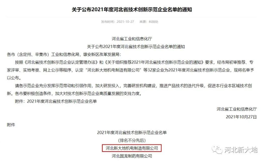 河北新大地榮獲2021年度河北省技術創新示范企業 